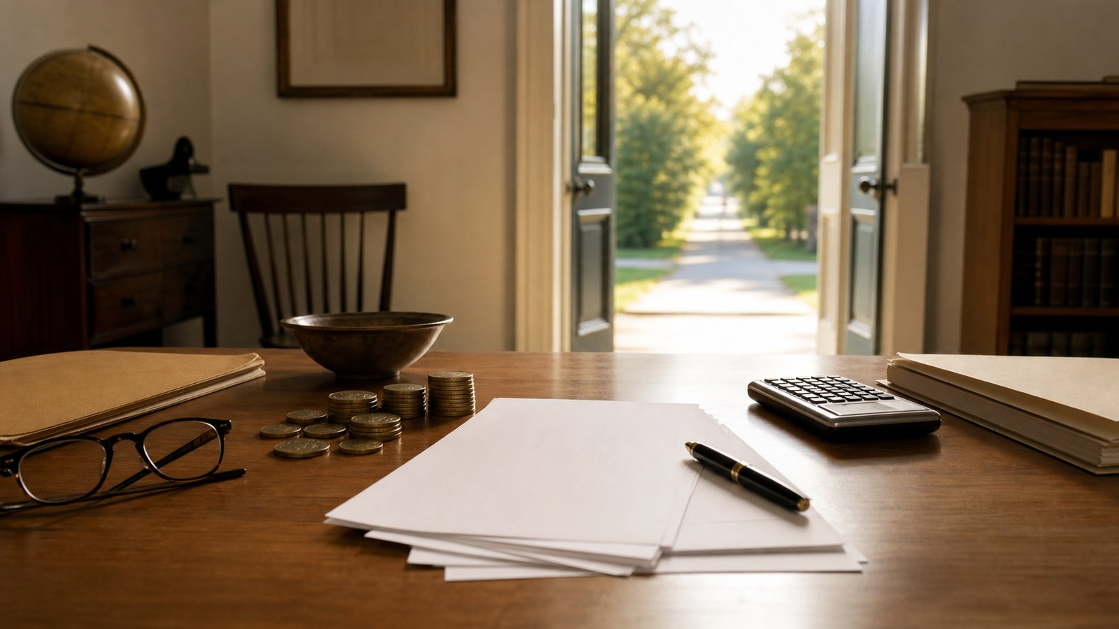 Desk with blank papers and open doorway symbolizing Milton Friedman economic freedom