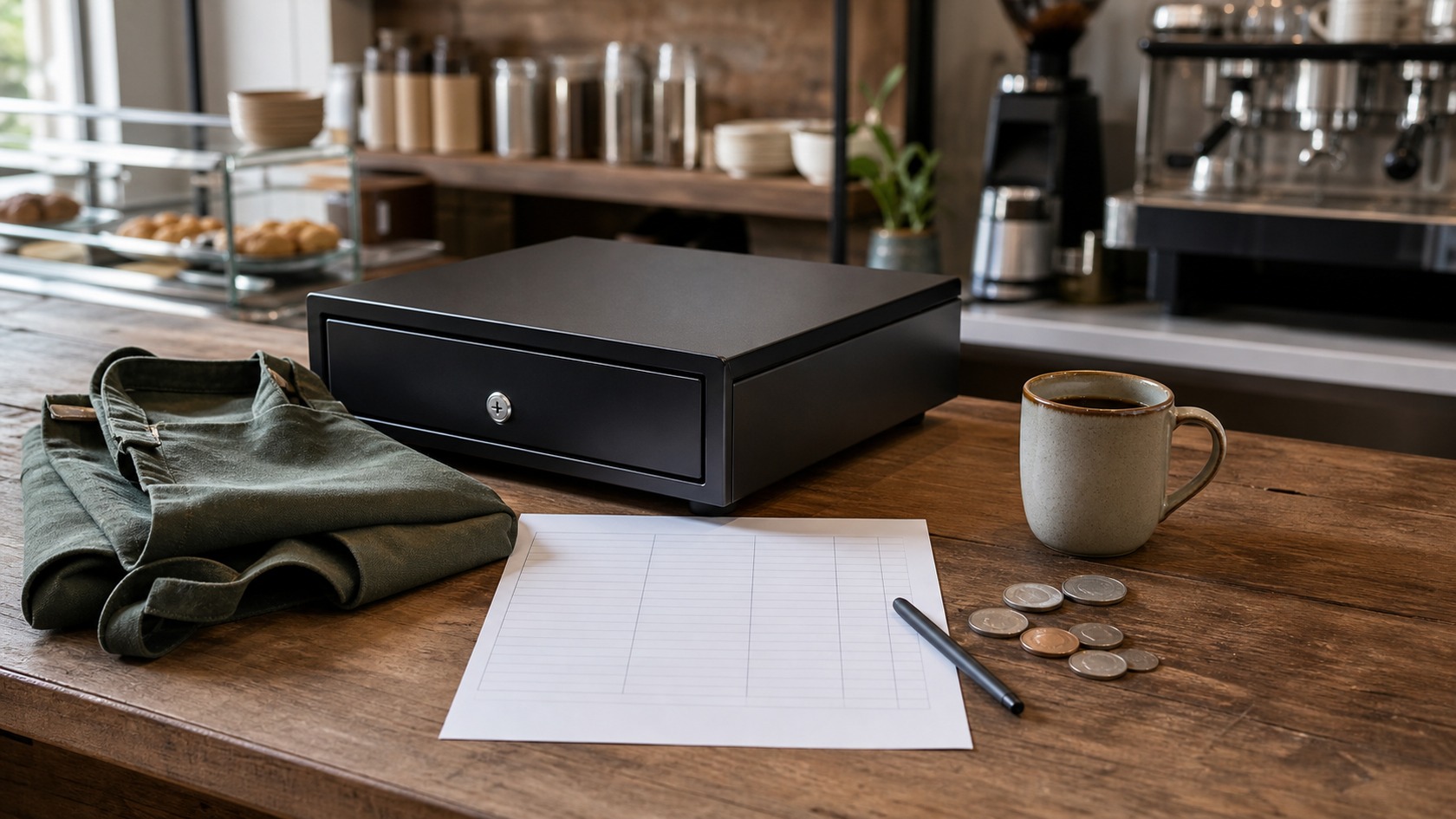 A small cafe counter with an apron, blank schedule sheet, and unmarked coins.