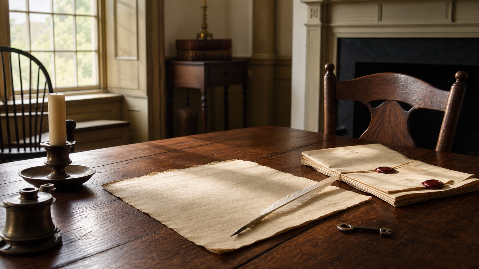 Blank parchment, a quill, a key, and simple civic objects on a colonial-style table.