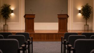 A quiet civic forum with two lecterns, symbolizing the debate between order and freedom.