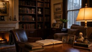 A quiet library reading room with warm light, symbolizing Russell Kirk's moral imagination.