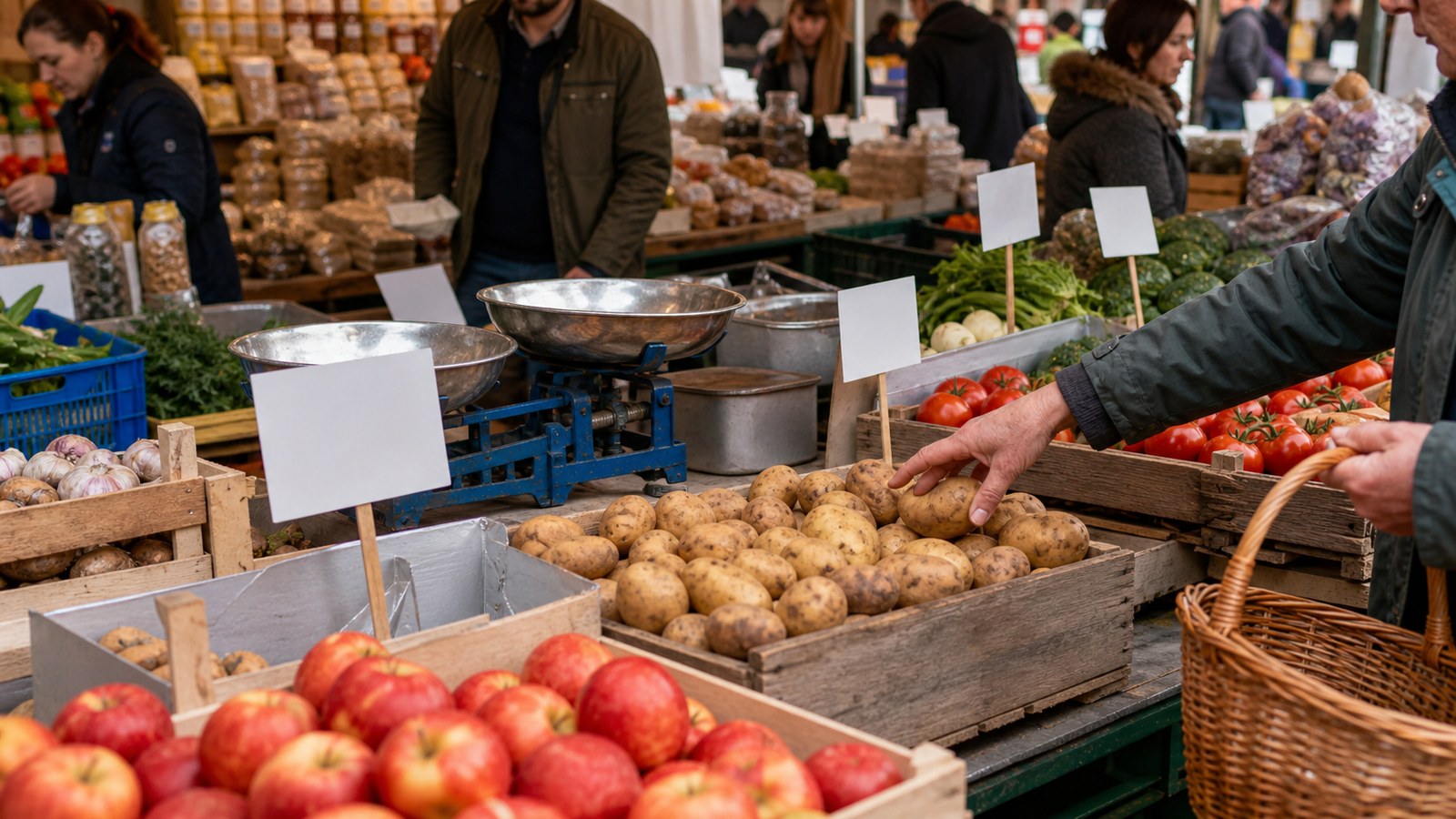 Market table with goods and blank signs symbolizing supply and demand examples