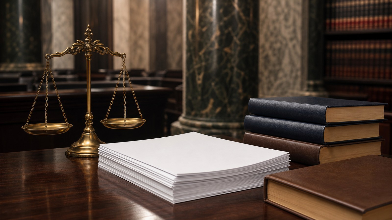 Blank legal briefs and scales in a courthouse setting symbolizing Supreme Court liberty cases