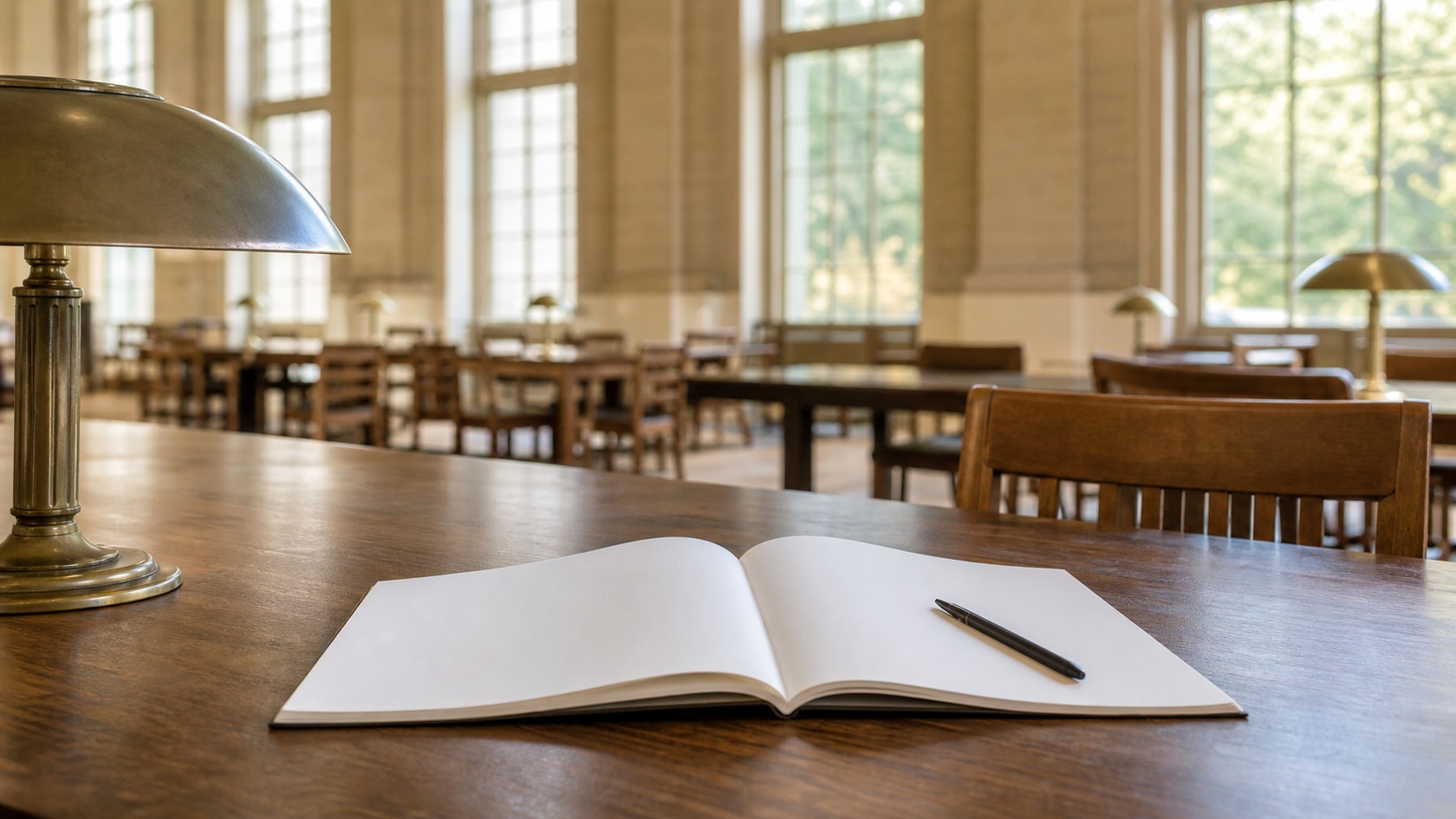 Blank pages, a pen, and empty chairs in a public reading room with tall windows.