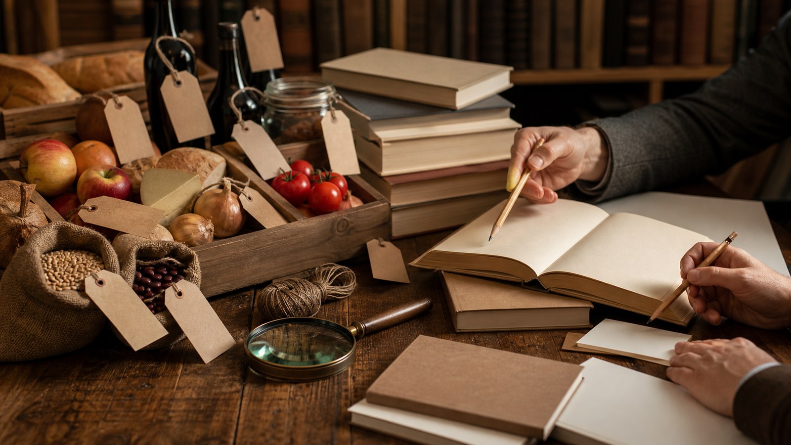 Study table with blank tags and market goods symbolizing the Austrian School case for free markets