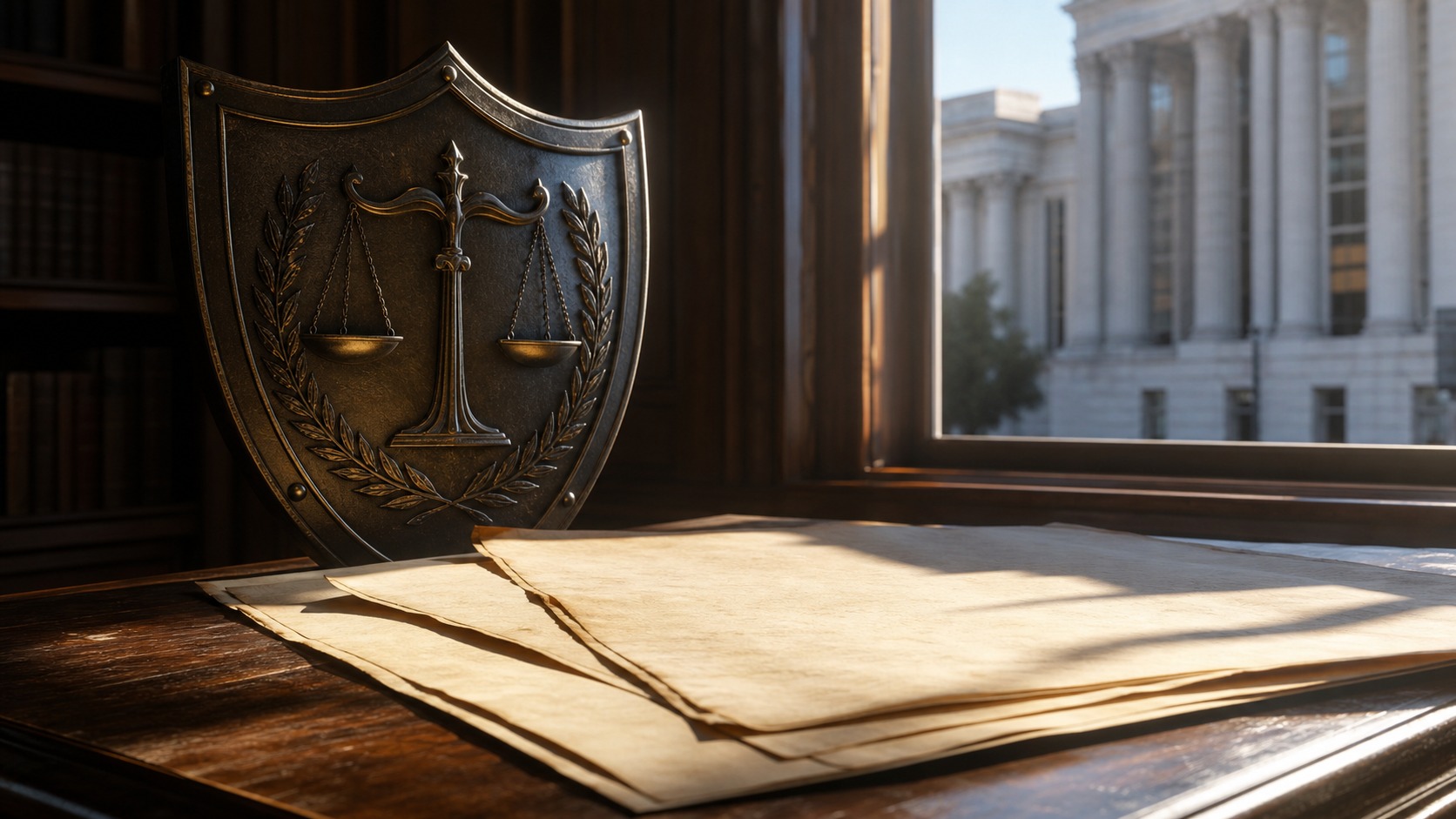 Blank parchment in courthouse light symbolizing the Bill of Rights as a shield for liberty