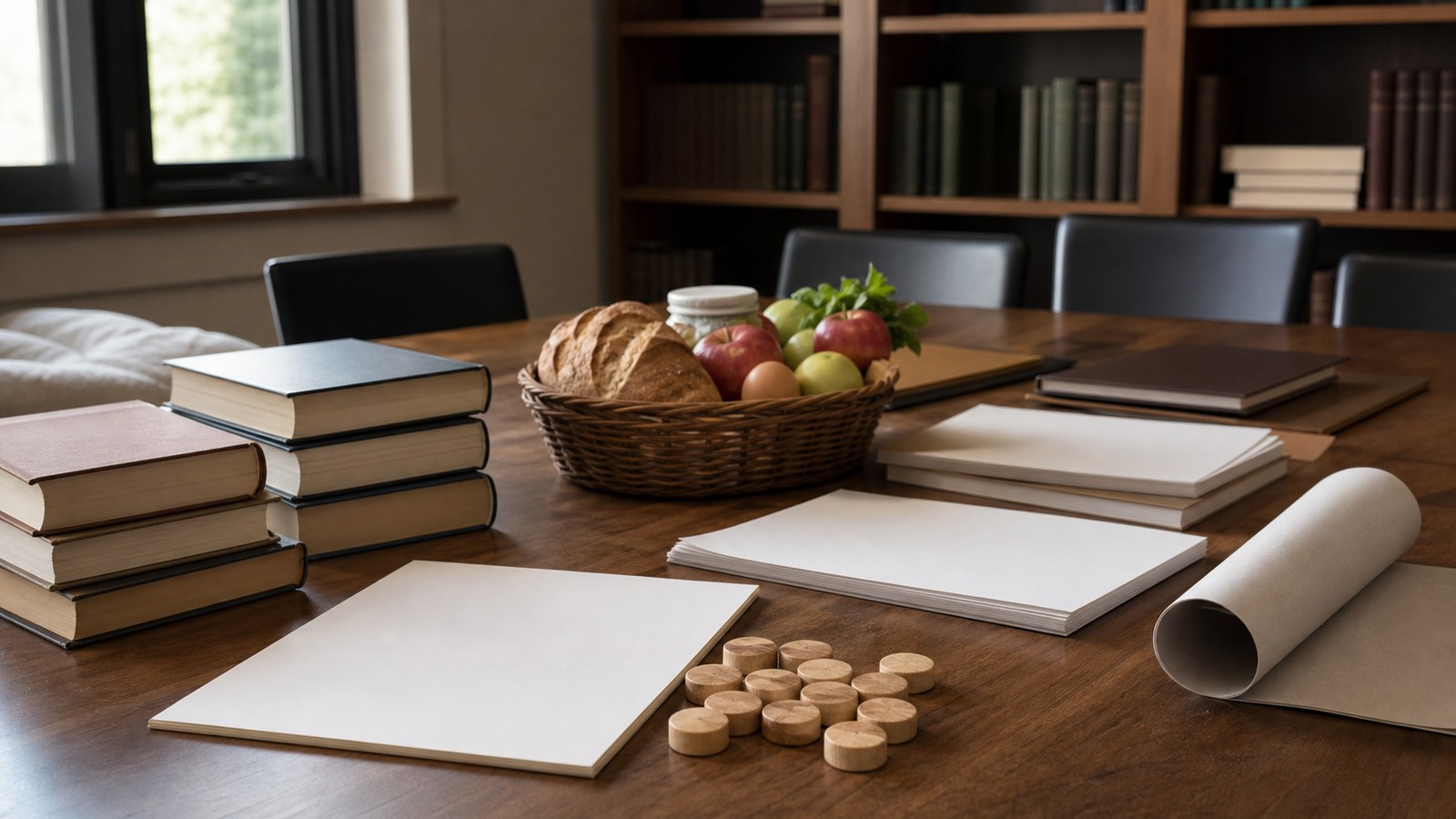 Seminar table with blank charts and market goods symbolizing Chicago School free market policy