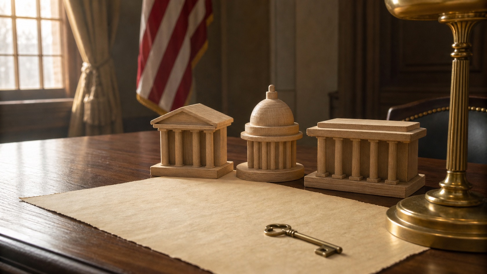 Blank parchment, wooden blocks, and a brass key on a civic desk.