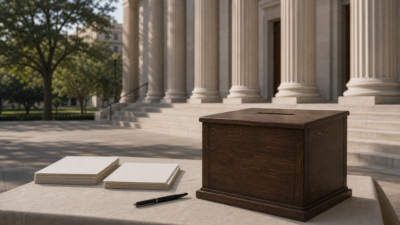 Ballot box and civic columns representing democracy and constitutional republic