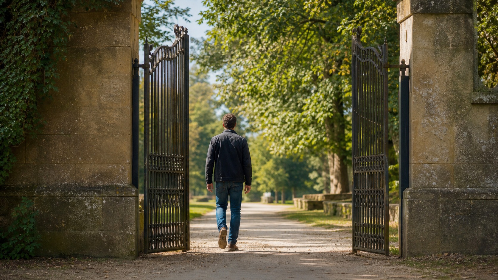 Person walking through an open gate on a public path