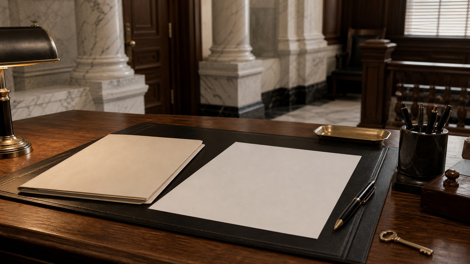 Civic desk with blank papers and a key representing rights and privileges