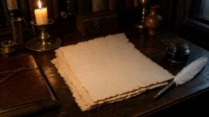 A historical writing table symbolizes The Federalist Papers and constitutional design.