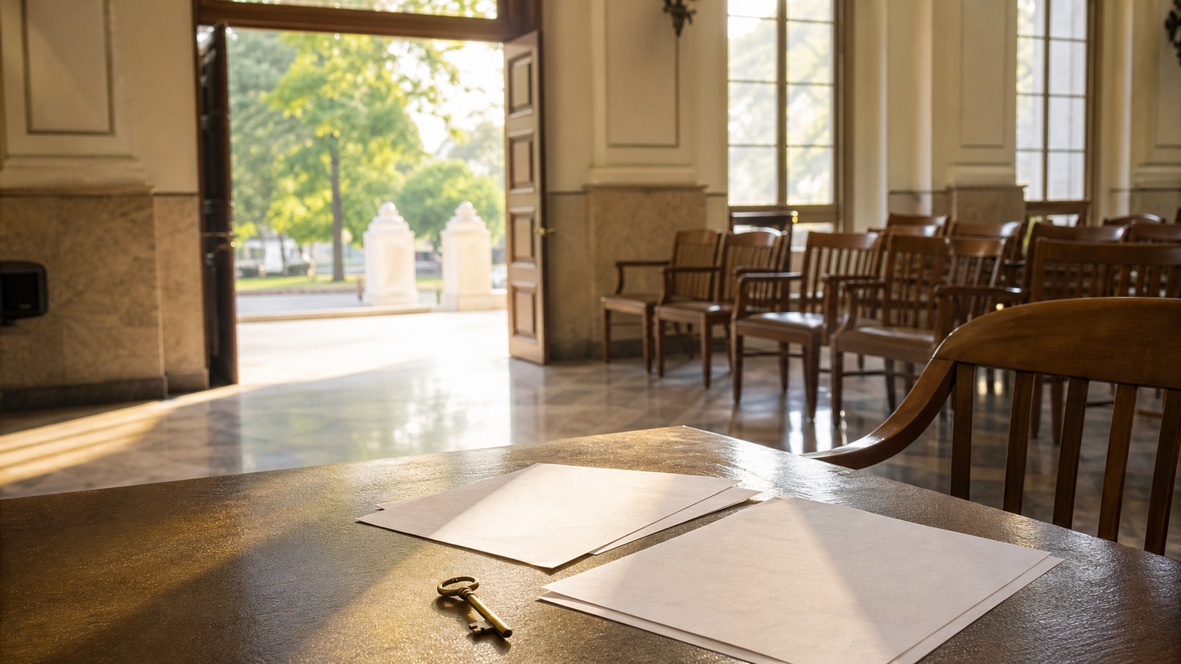 Sunlight crosses blank papers, a key, and wooden chairs near an open civic doorway.