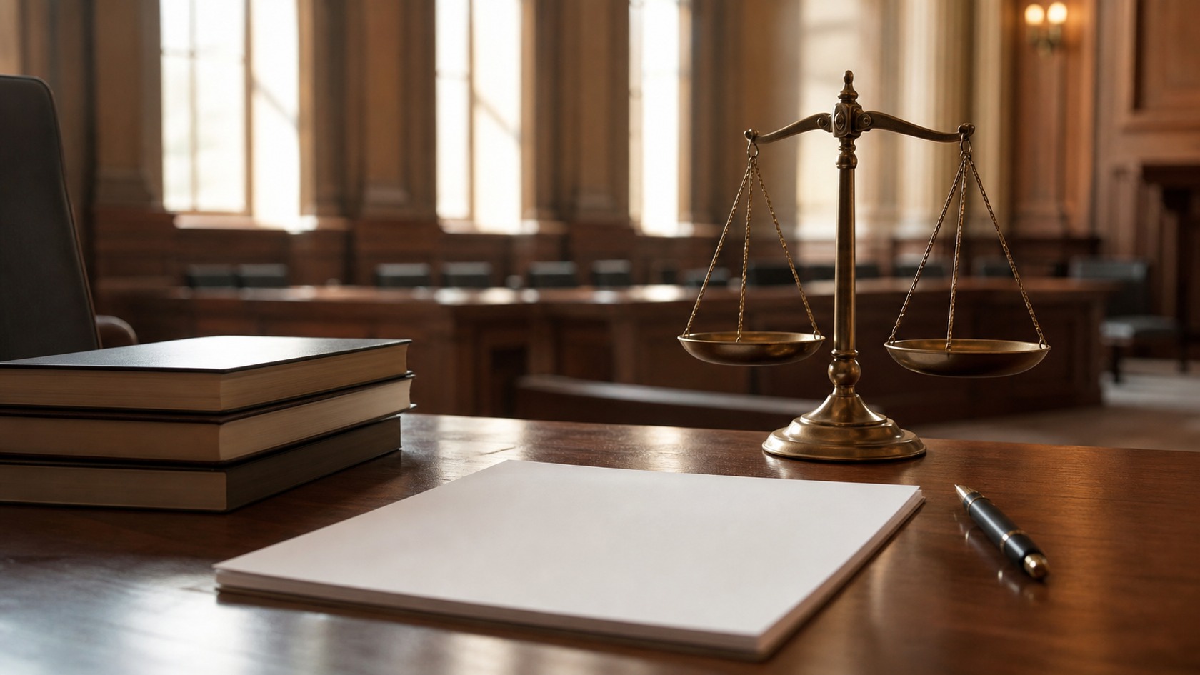 Blank paper, unmarked law books, and a balance scale on a legal desk in warm light.