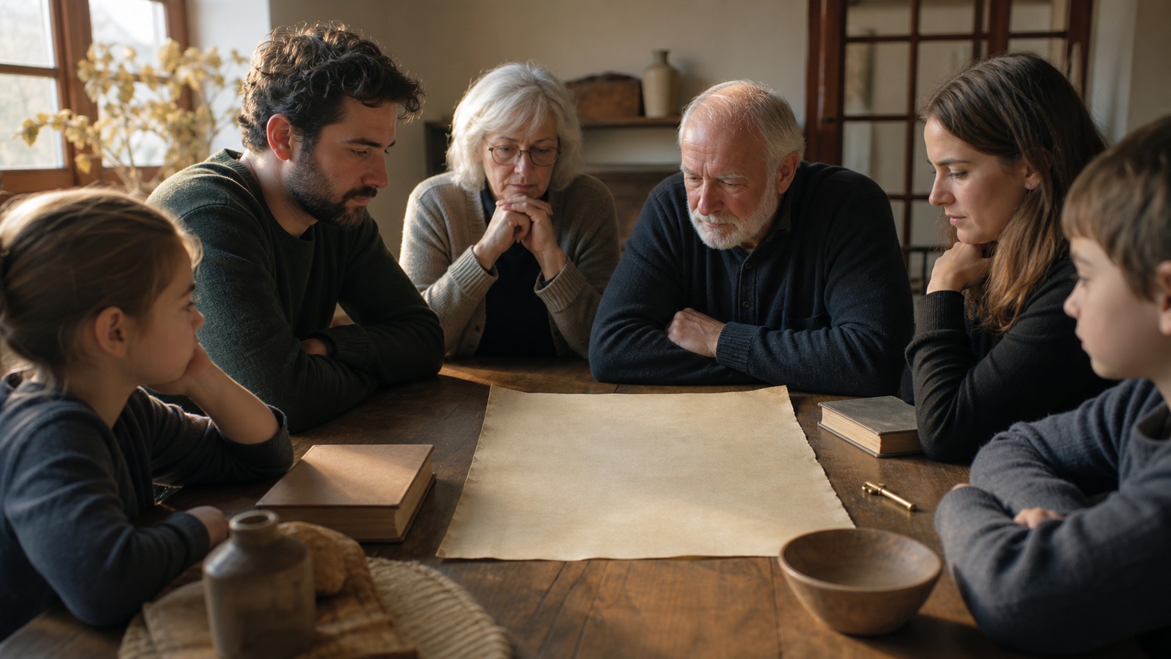 Blank civic paper, family objects, unmarked books, and a brass key on a warm table.
