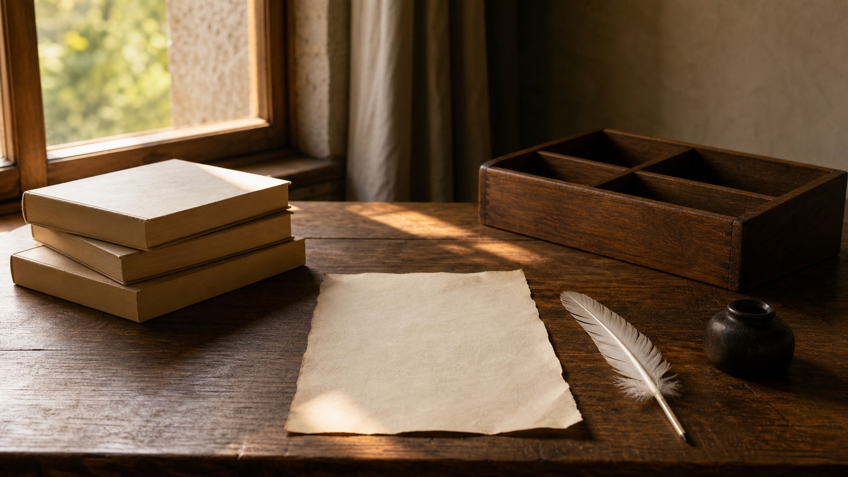 Blank parchment, unmarked books, a quill, and wooden blocks on a study table.