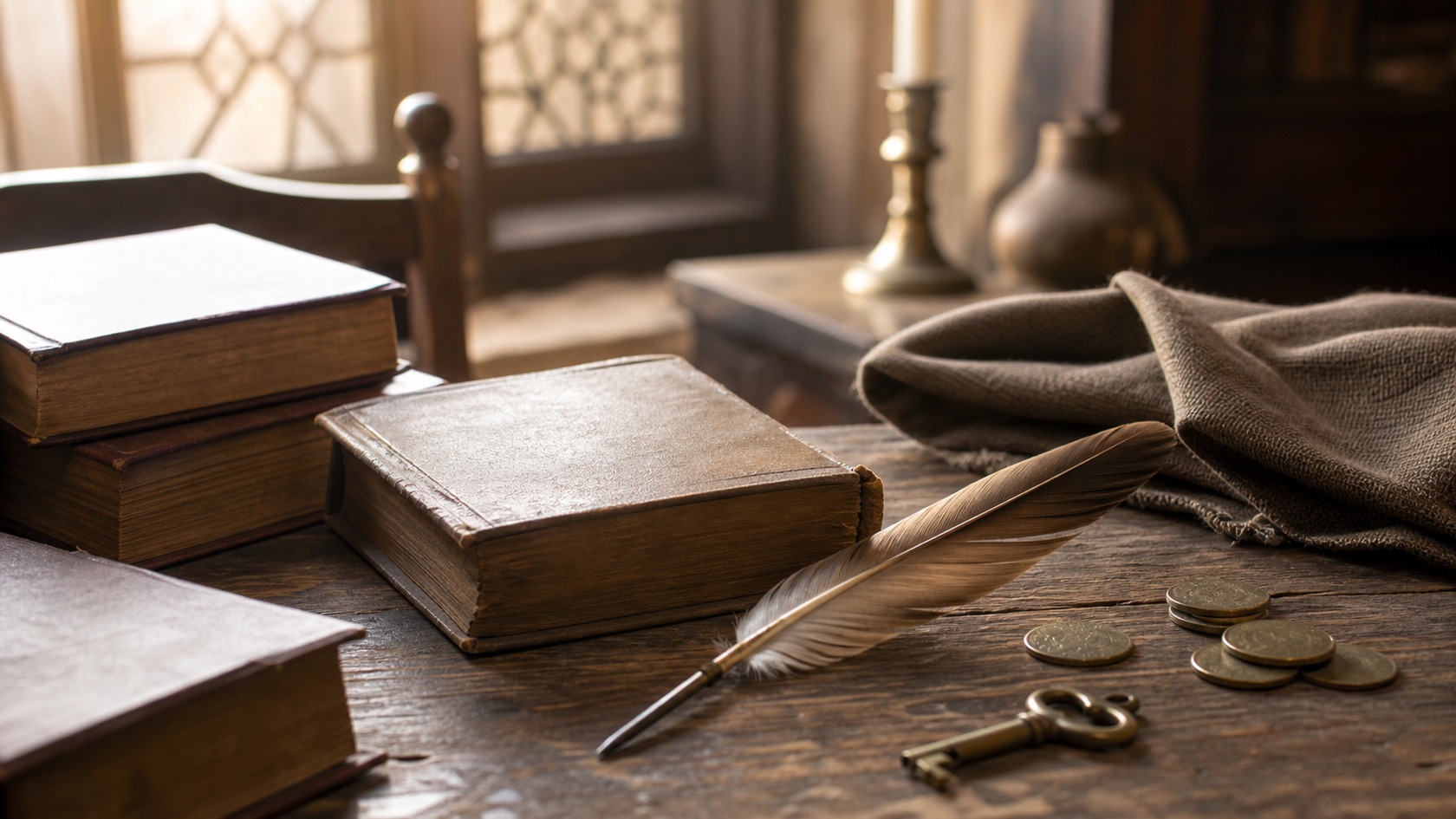 Old books, a quill, unmarked coins, and a key on a reading table.