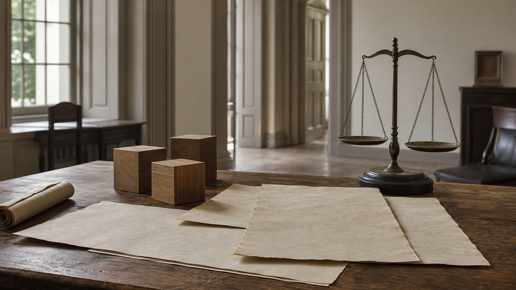Blank parchment, wooden blocks, and a balance scale arranged on a constitutional worktable.