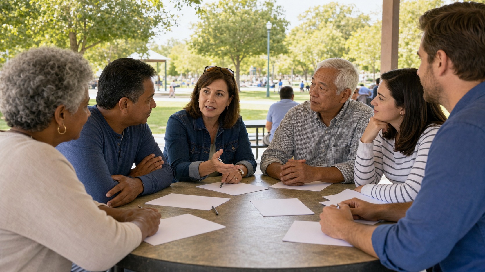 Neighbors gathered around a community table representing healthy democracy