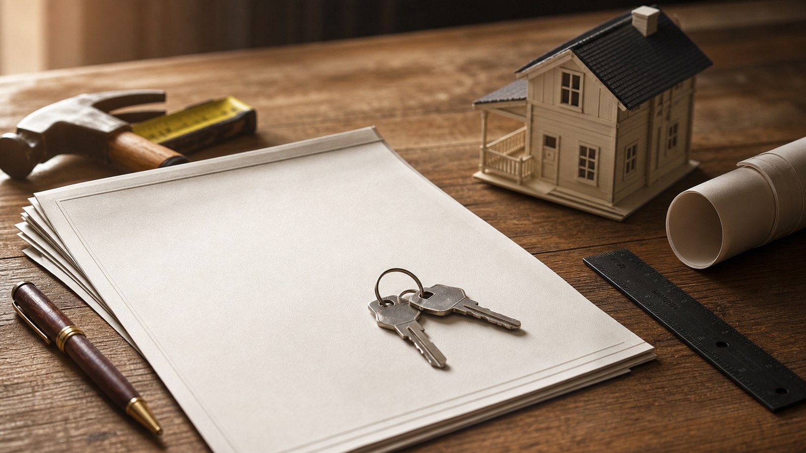Blank title papers, keys, and tools symbolizing property rights in free markets