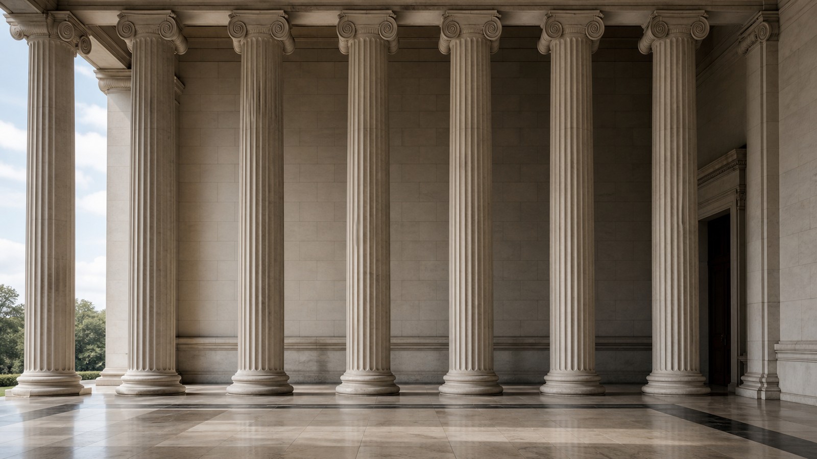 Seven stone columns representing core constitutional principles