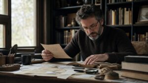 A scholar studies scattered materials at a desk, symbolizing dispersed knowledge and policy humility.