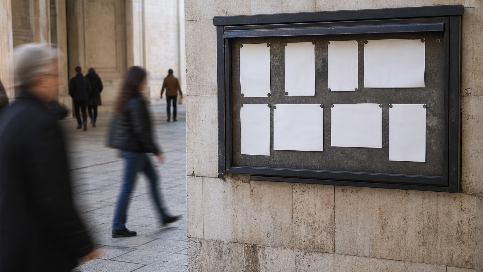 Blank civic notice board with people passing by