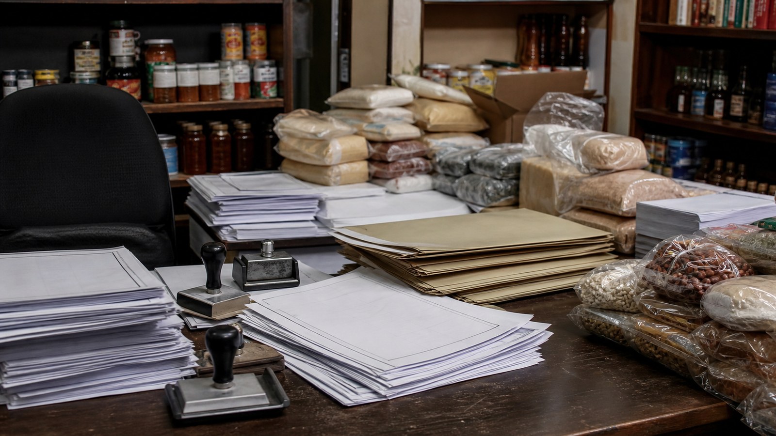 Small shop counter with blank forms and unopened goods symbolizing overregulated markets