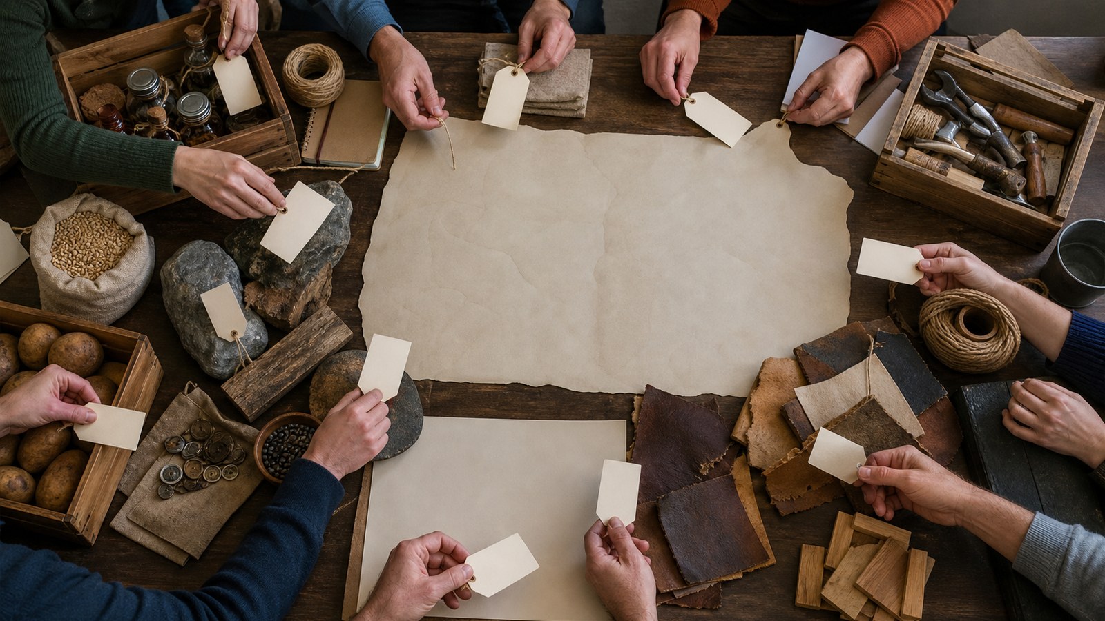 Many hands placing blank tags on goods symbolizing Hayek knowledge problem