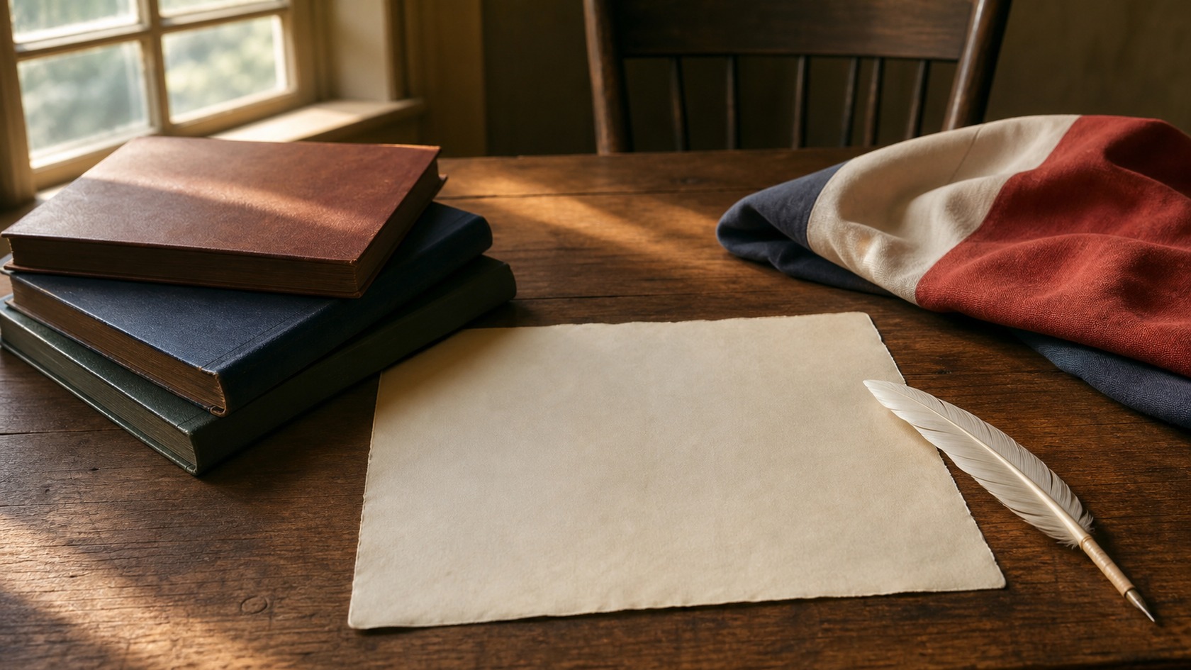A civic study table with blank parchment, old books, a quill, and folded red, white, and blue fabric.