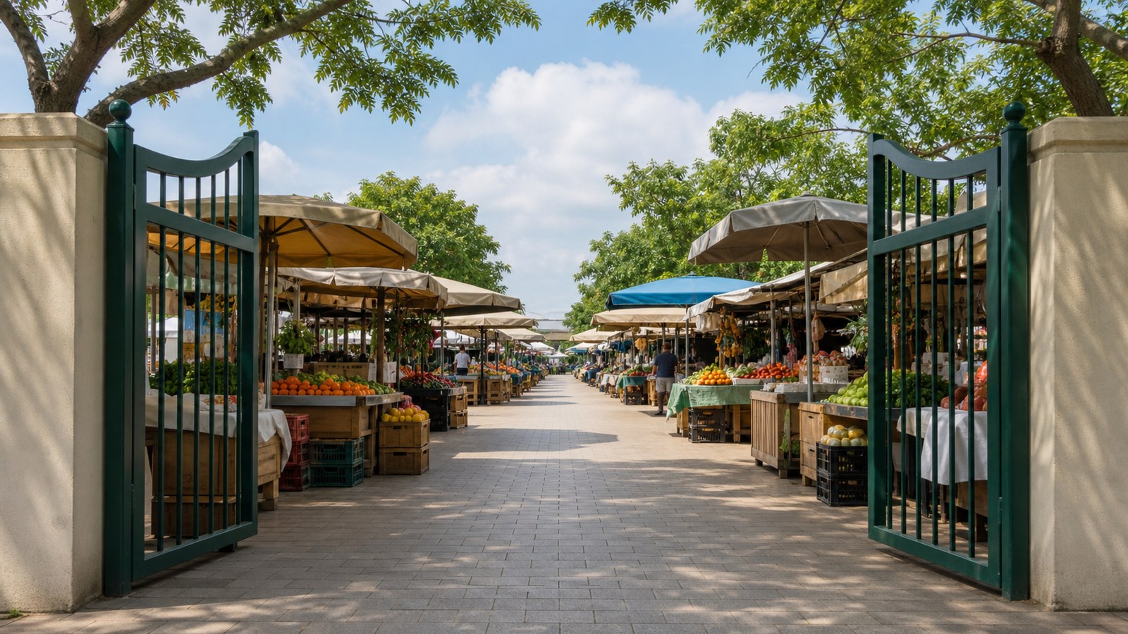 Open marketplace with varied stalls and blank signs symbolizing a truly free market