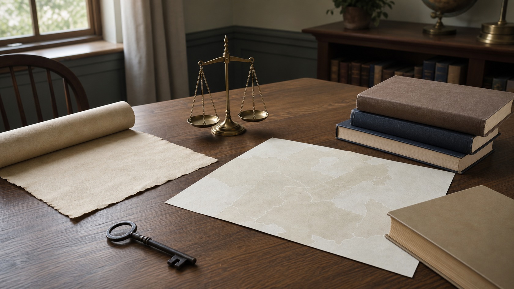 Parchment, a scale, a key, unmarked books, and blank papers arranged on a civic table.