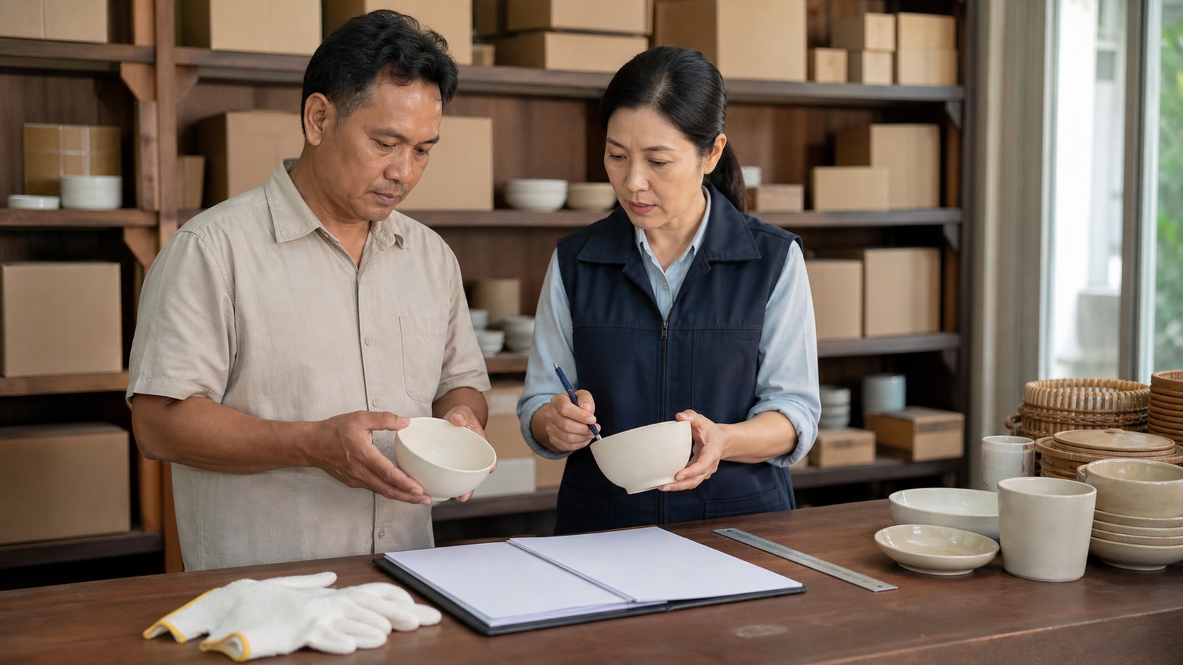 An inspector and shop owner reviewing goods with blank forms and measuring tools.