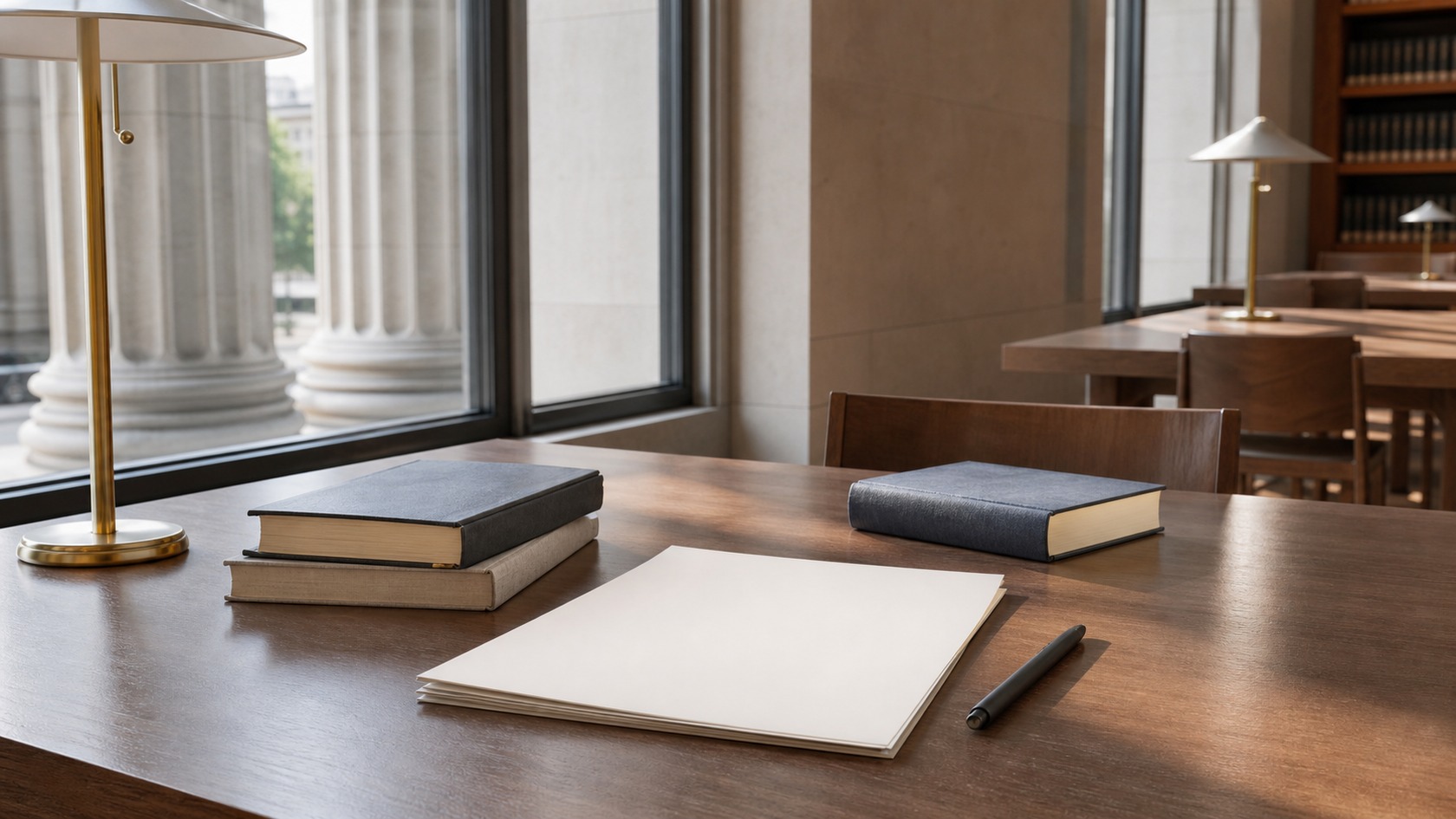 Blank papers, unmarked books, and a pen on a modern civic reading table.