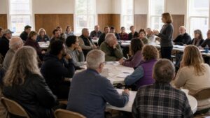 Citizens gather for a local meeting, symbolizing decentralized and accountable decision-making.