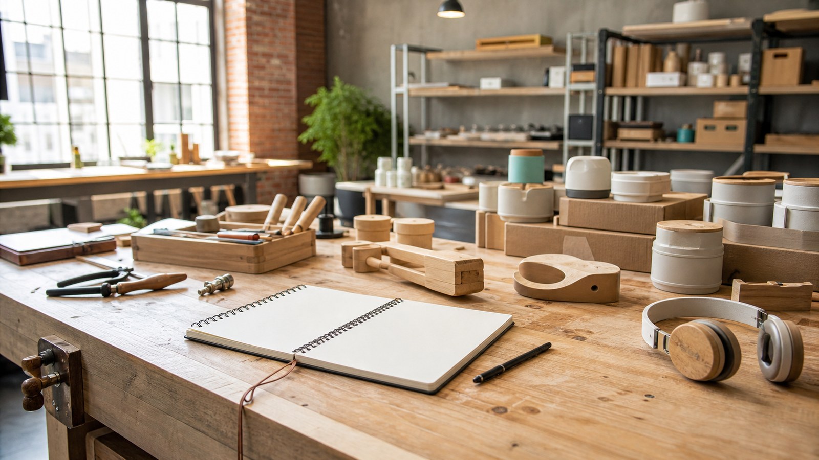 Workshop with prototype tools and blank notebooks symbolizing free market innovation and growth
