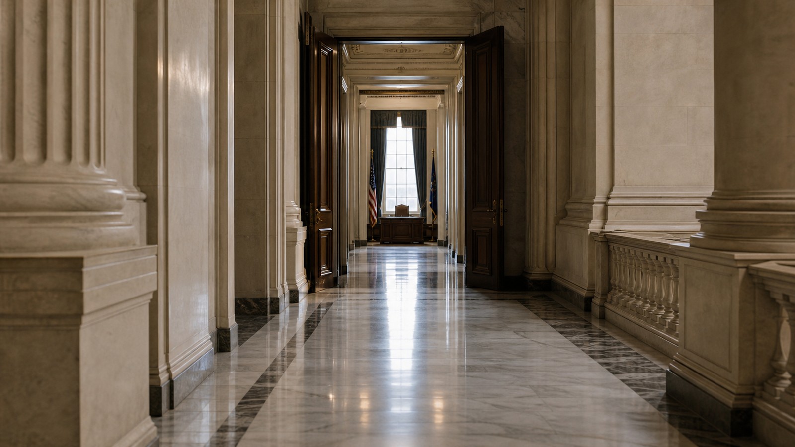 Government hallway with open doors representing limited public power