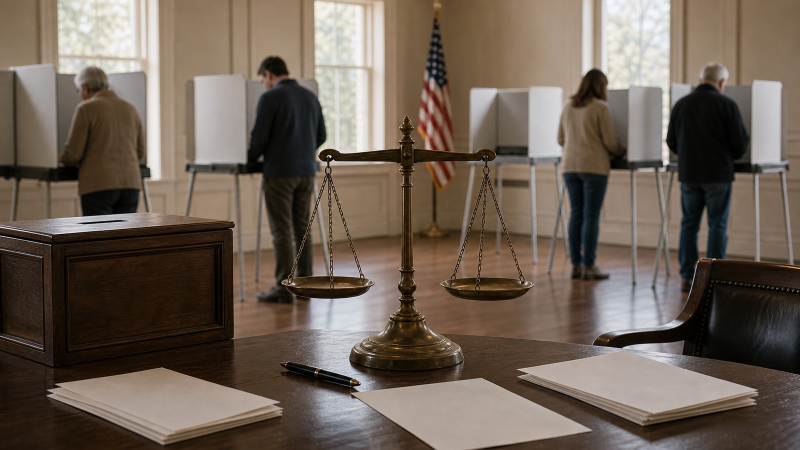 Balanced scale and blank ballots representing limits on majority rule