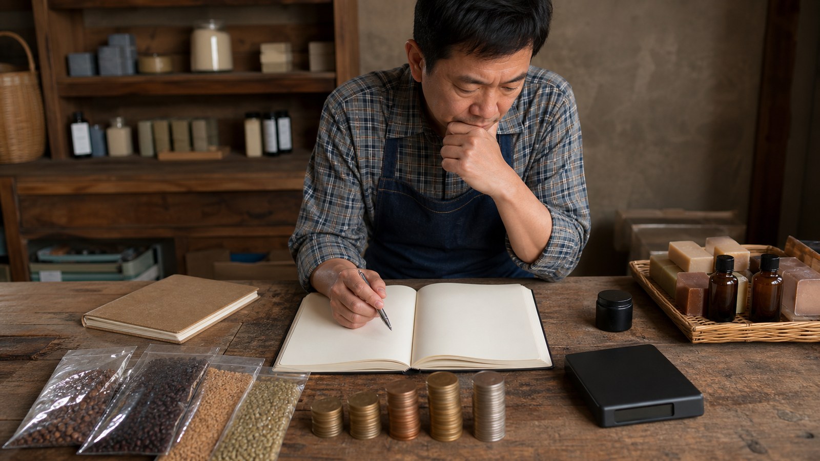 Small business desk with blank ledgers and product samples symbolizing profit and loss decisions