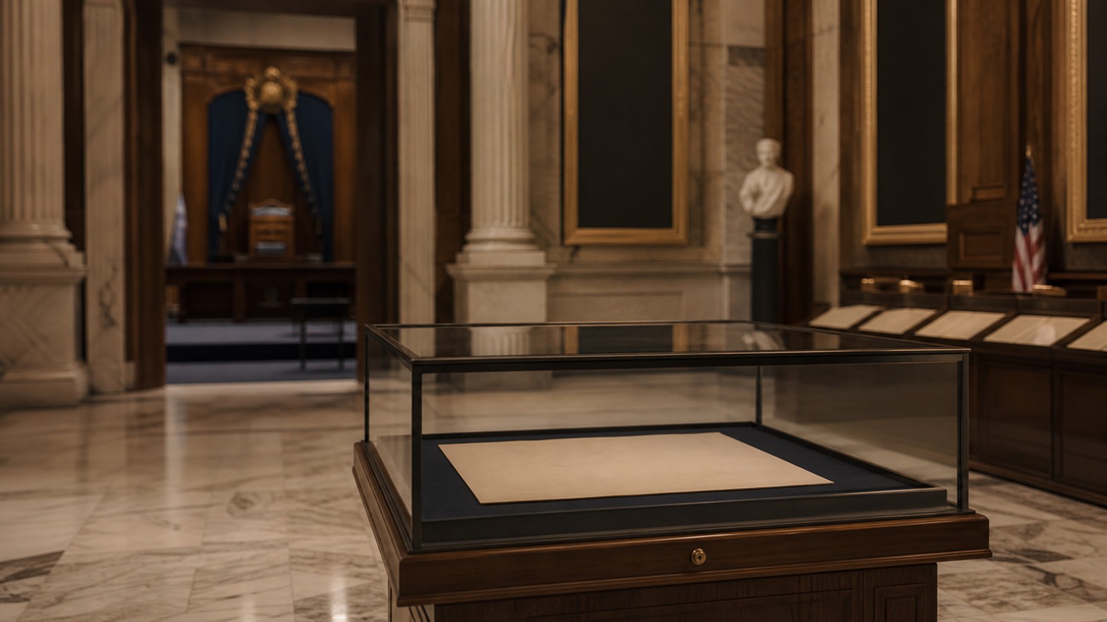 A sealed civic document case symbolizes the stability of constitutional law.