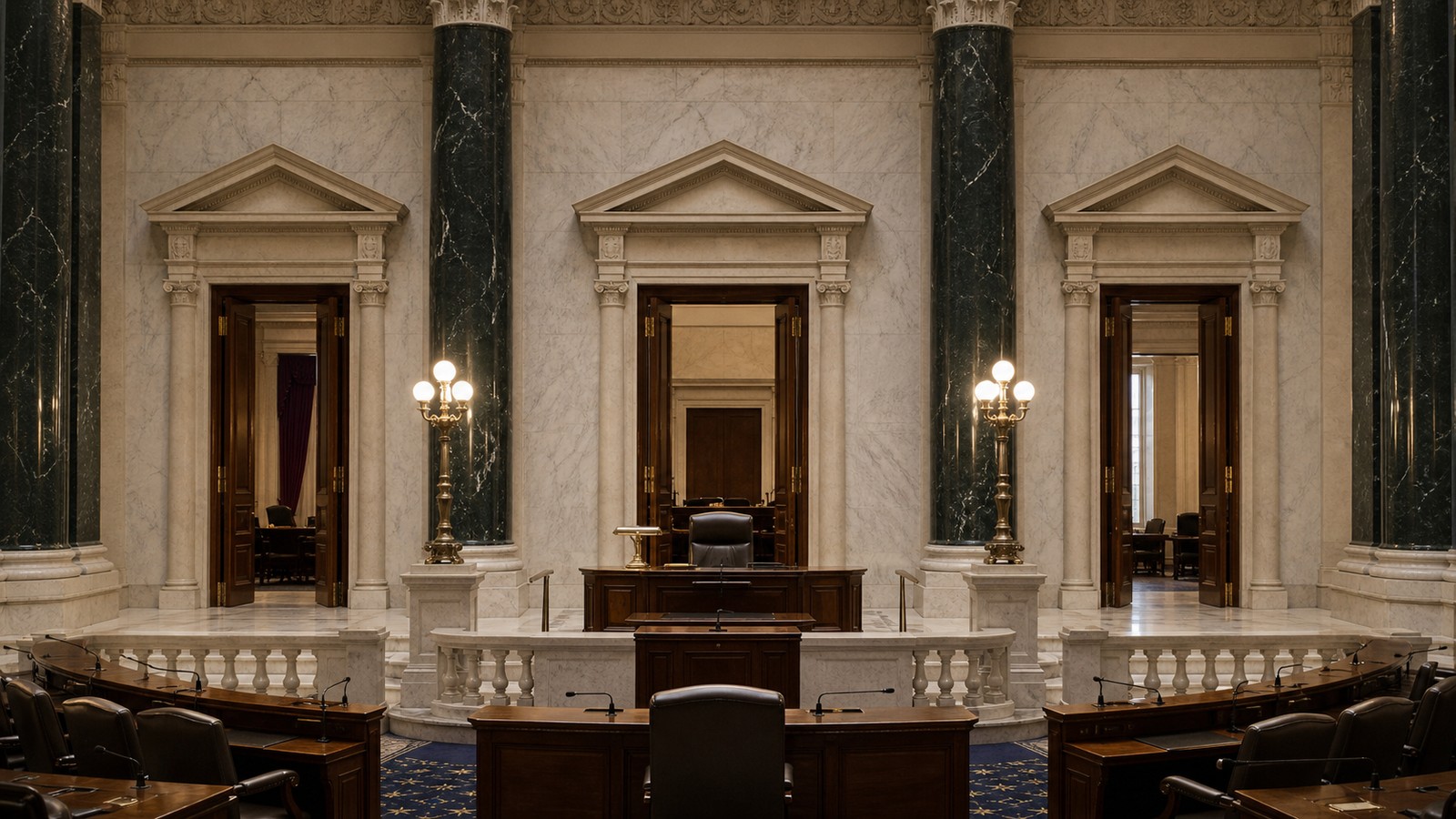 Civic chamber with separate doorways representing divided power