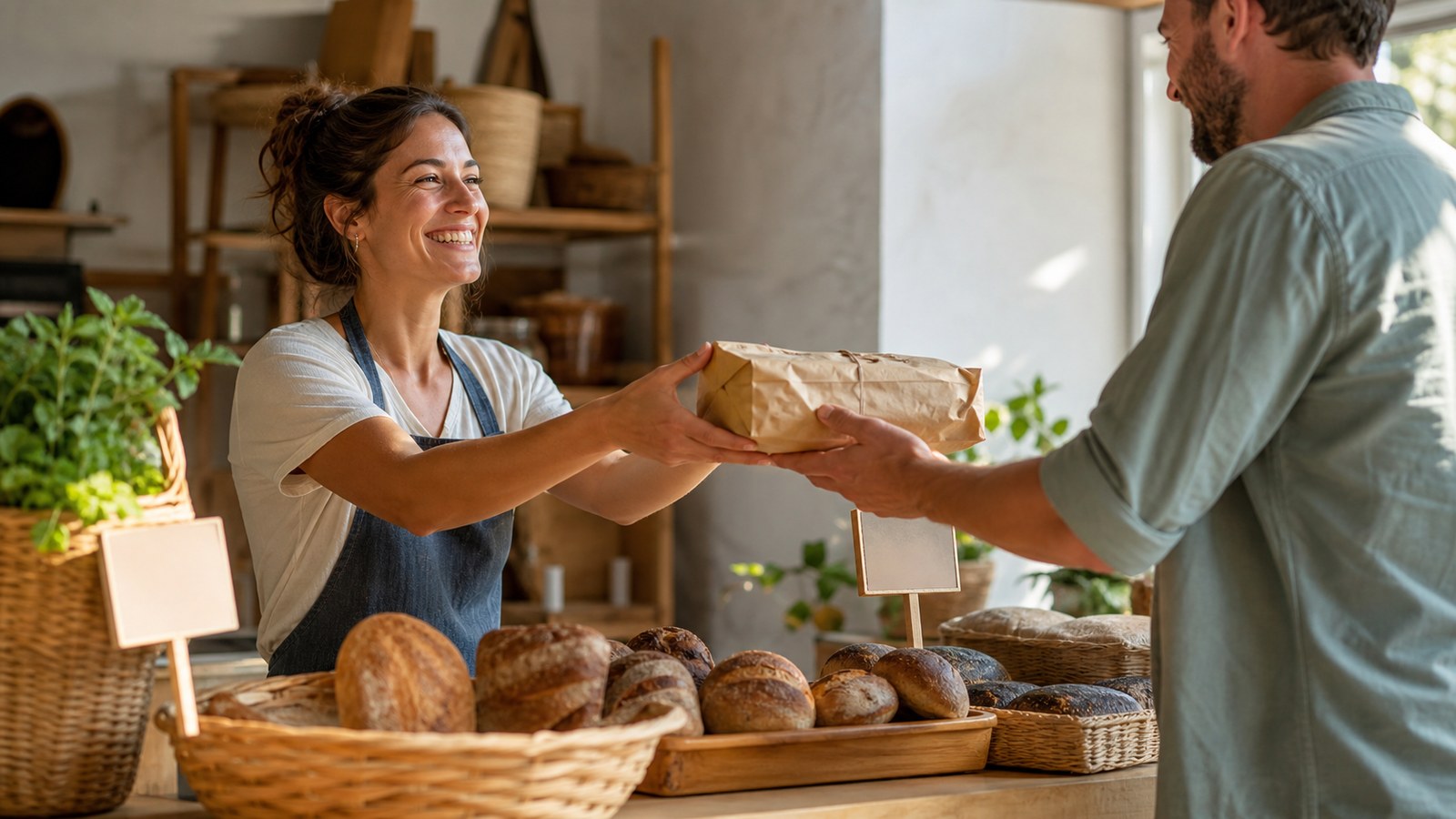 Two people exchanging goods at a market counter symbolizing voluntary exchange